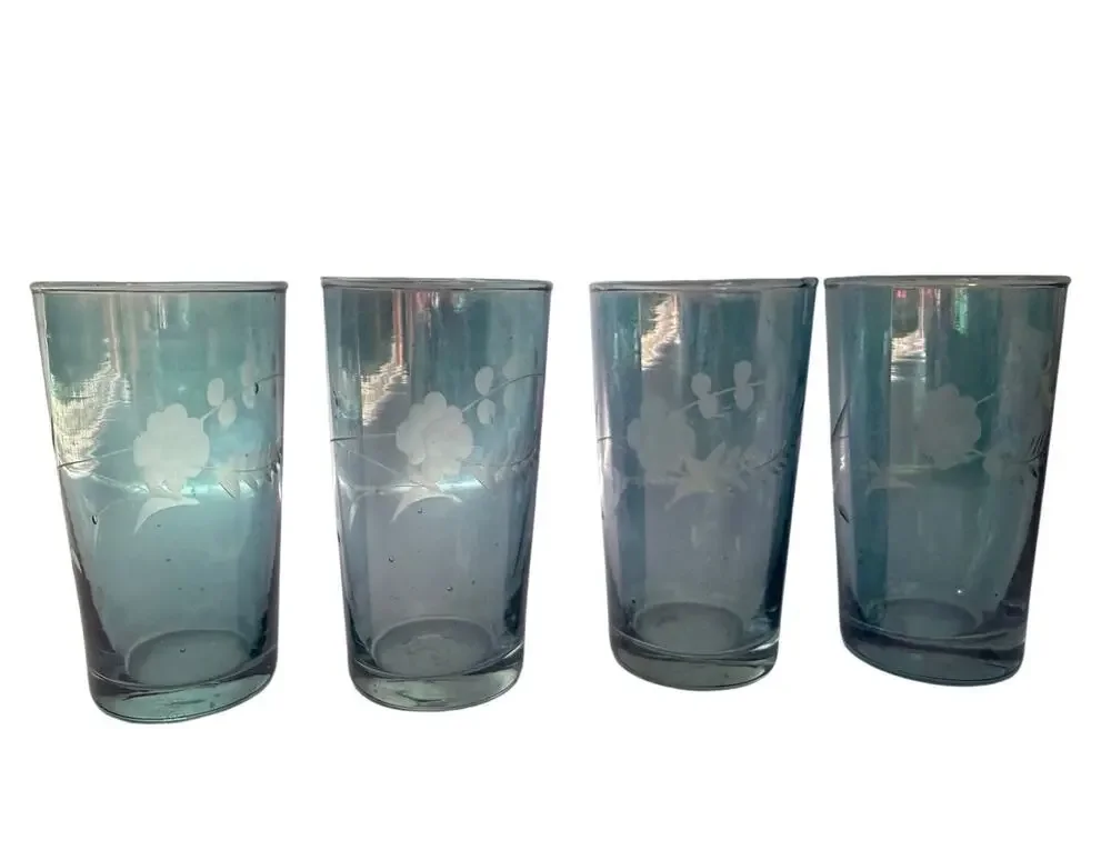 VTG Set of 4 Etched Floral Light Blue Shot Glasses-Cordial Glasses 2.5